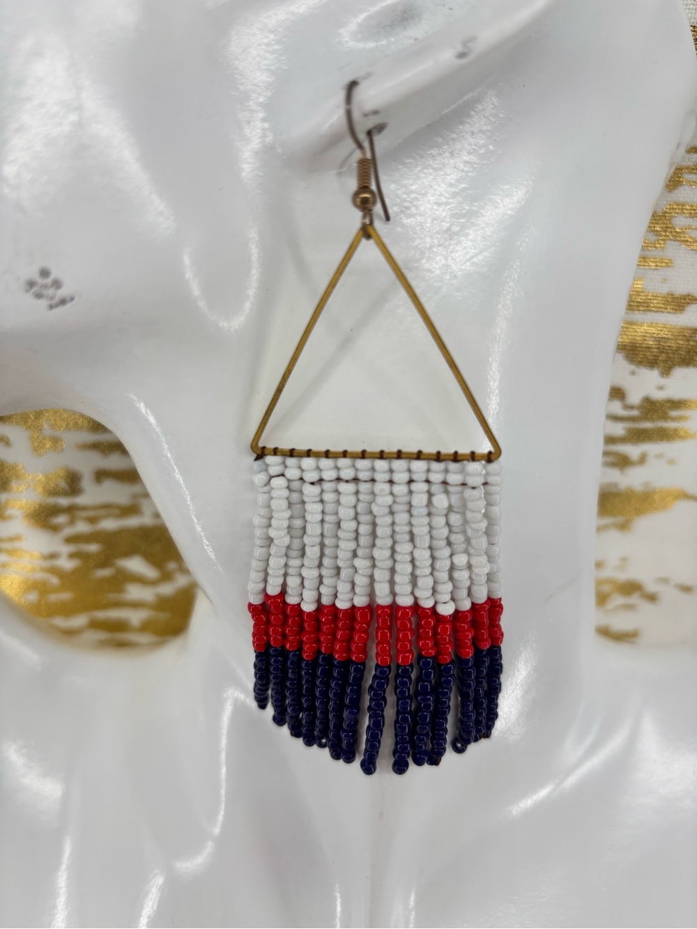 Triangular Beaded Fringe Earrings in White, Red & Blue